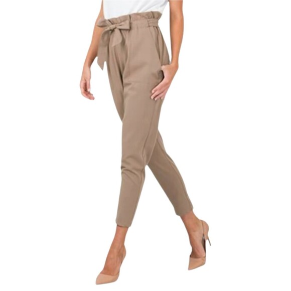 Justine Leconte Womens S Tie Waist Paperbag Pants Slim Beige Tan Cotton Stretch - Picture 1 of 15
